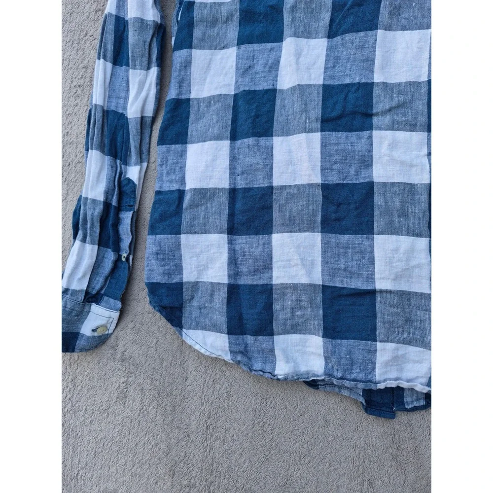 Banana Republic Mens Camden Fit 100% Linen Blue White Buffalo Check Shirt L Tall
